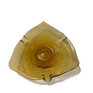Art Glass Leaf Ash Tray Trinket Dish Amber Glass Crackle Glass 9" x 9"